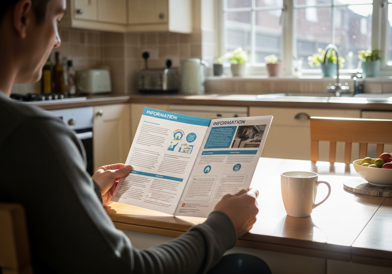 Homeowner reading information leaflet about home improvement services