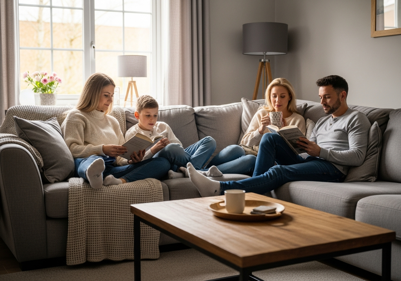 Family relaxing comfortably in a well-maintained British home — the result of professional contractor work